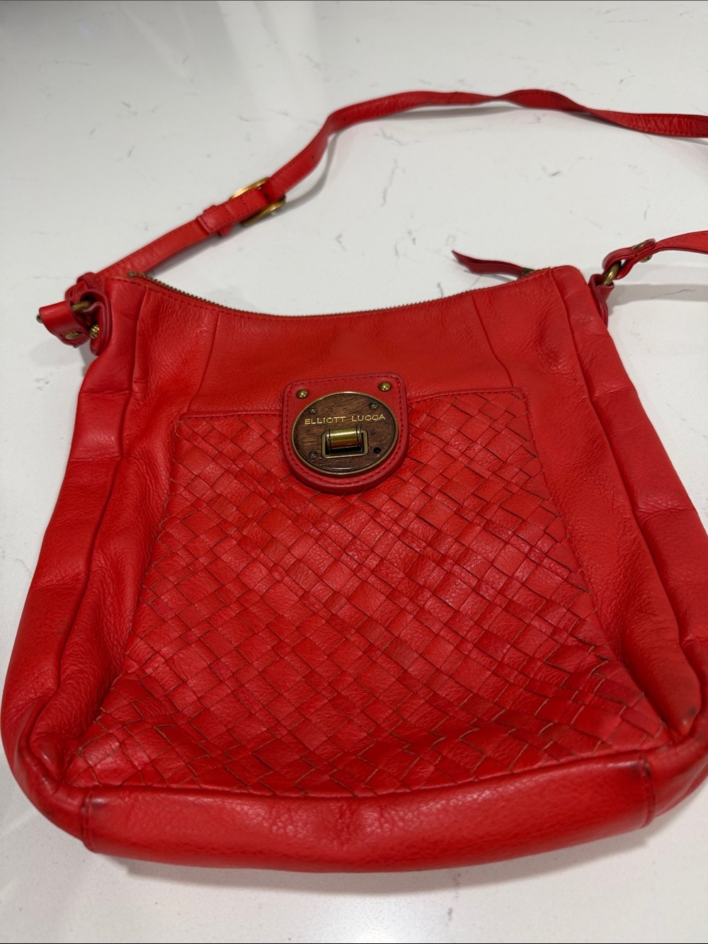 Elliott Lucca Red Woven Leather Crossbody with Brass Turn-Lock